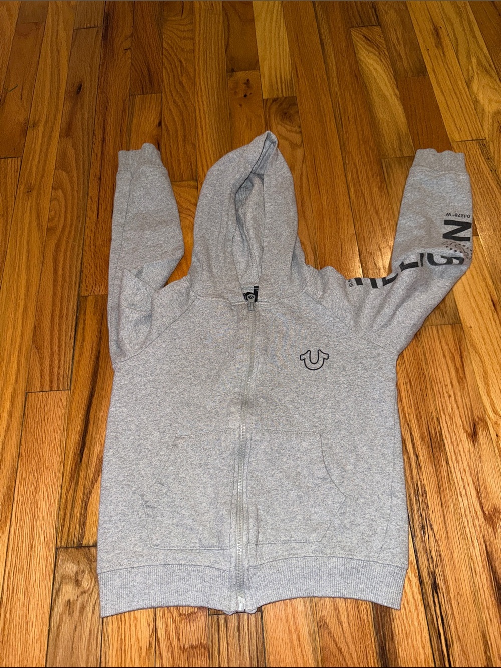 True Religion Heather Gray Kids Zip Hoodie with Sleeve Script